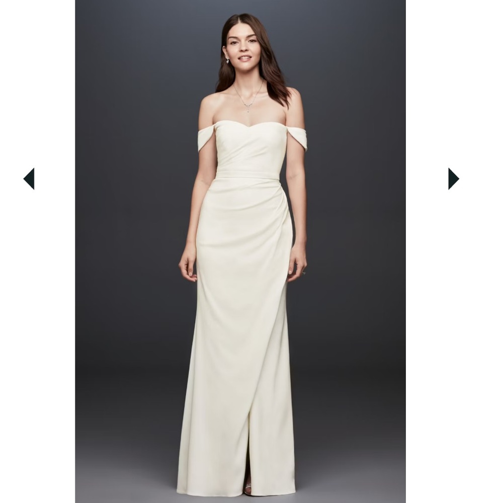 Draped Off-The-Shoulder Crepe Sheath Gown